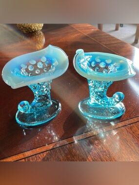 Fenton Hobnail Blue Opalescent  cornucopia candlesticks